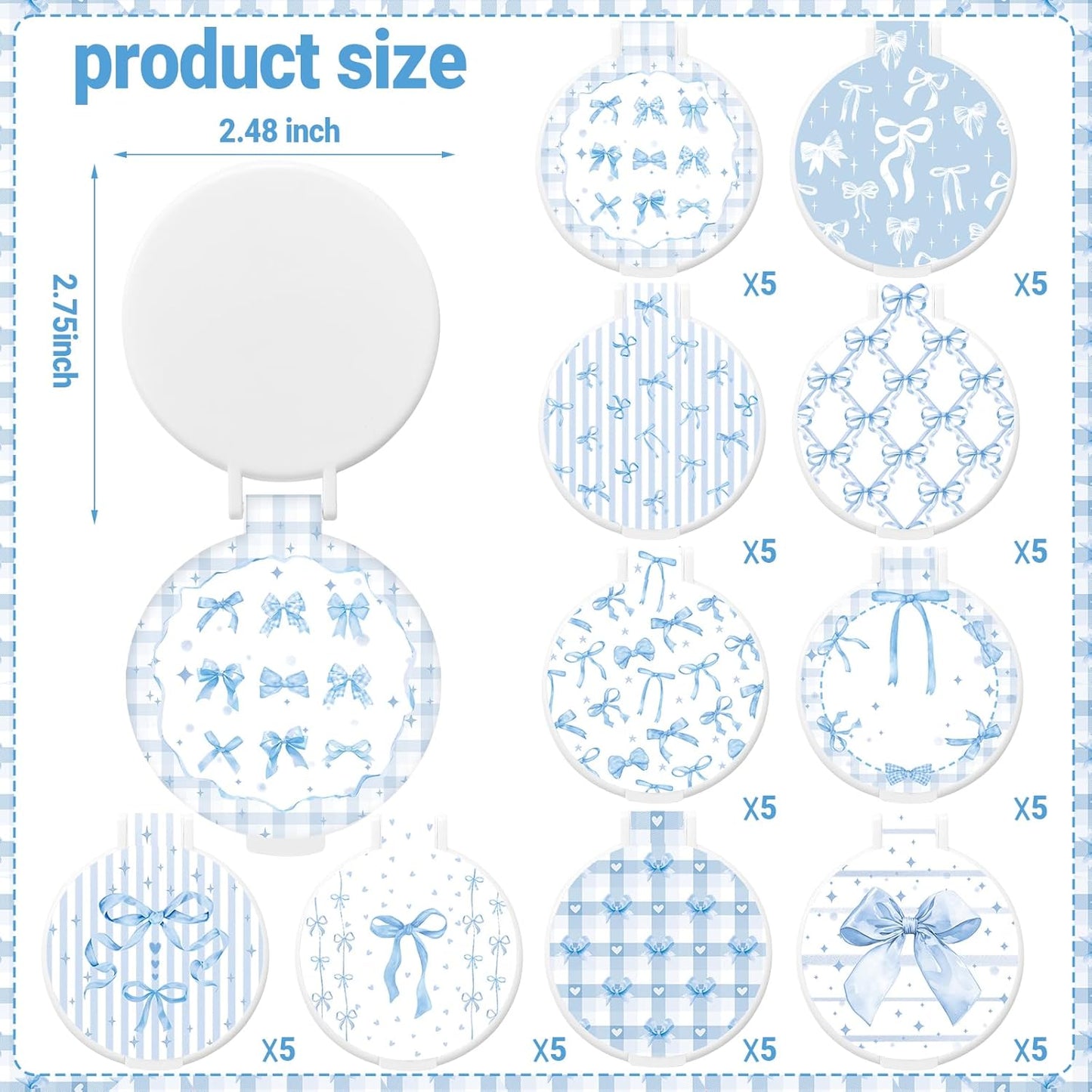 Blue Bow Compact Mirror - 50 Pcs Portable Round Makeup Mirrors | Perfect Gifts for Women, Coworkers, Teachers