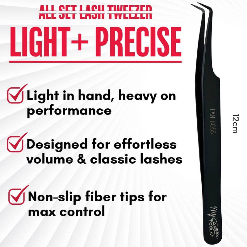 My Lash Tools 90 Degree Volume Fiber Tip Lash Tweezer – FAN BOSS, Non Slip Grip Professional Eyelash Extension Tweezers for Mega Volume Fans, Lash Artist Precision Tool (Black)