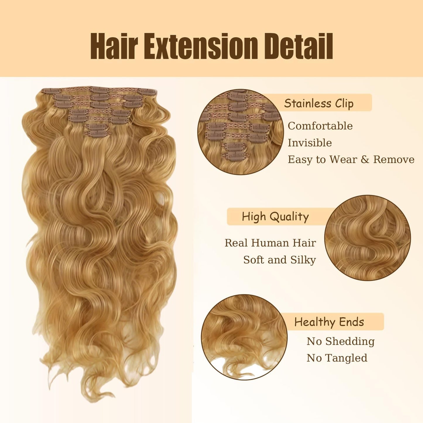 #27 Blonde Clip in Hair Extensions Real Human Hair, 18 Inch 120g/7Pcs,Full Shine Remy Human Hair,Honey Blonde Long Wave Clip ins Brazilian Virgin Human Hair Extensions