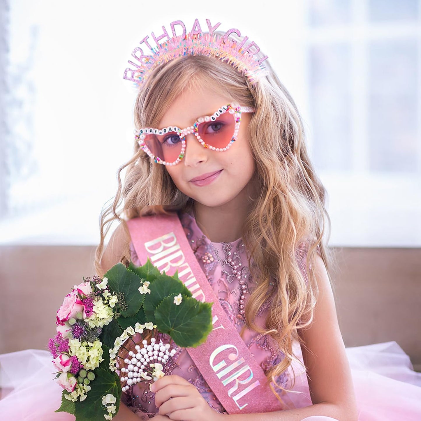 SuPoo Birthday Girl Headband Sash Sunglasses Set, Pink Birthday Accessories for Women Girls Glitter Birthday Crown & Sash Gift Outfit for Party Decorations Fun Glasses