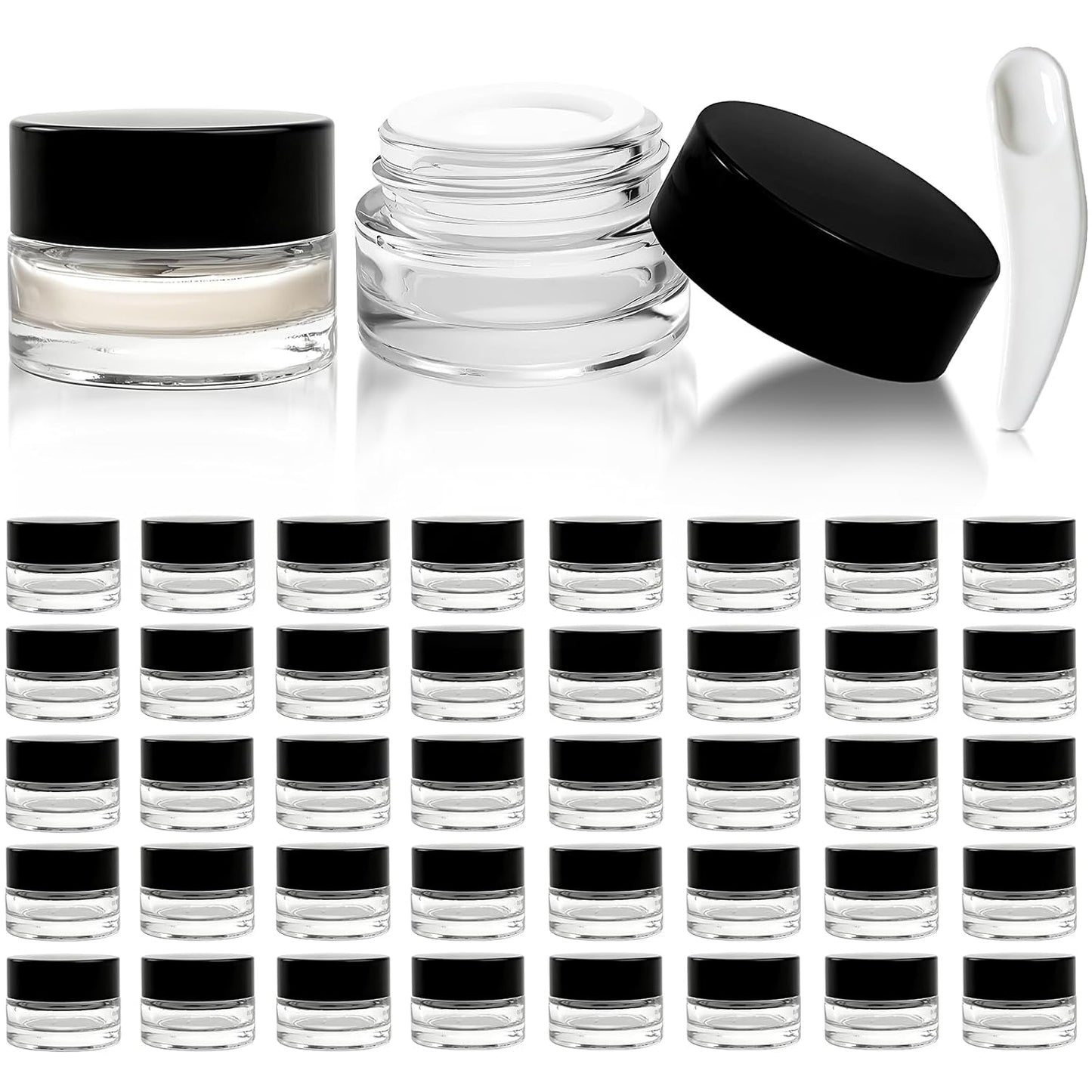 Clear 5ml Small Jars - 90 Pack Airtight Glass Containers with Black Lids & Spoons | Ideal for Beauty Samples, Lotions, & Travel