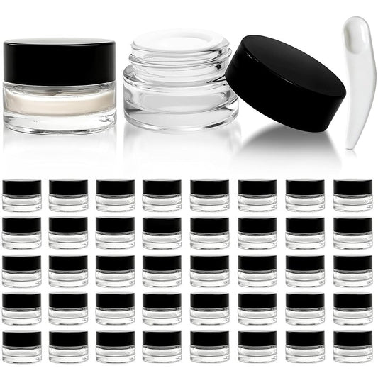 Clear 5ml Small Jars - 90 Pack Airtight Glass Containers with Black Lids & Spoons | Ideal for Beauty Samples, Lotions, & Travel