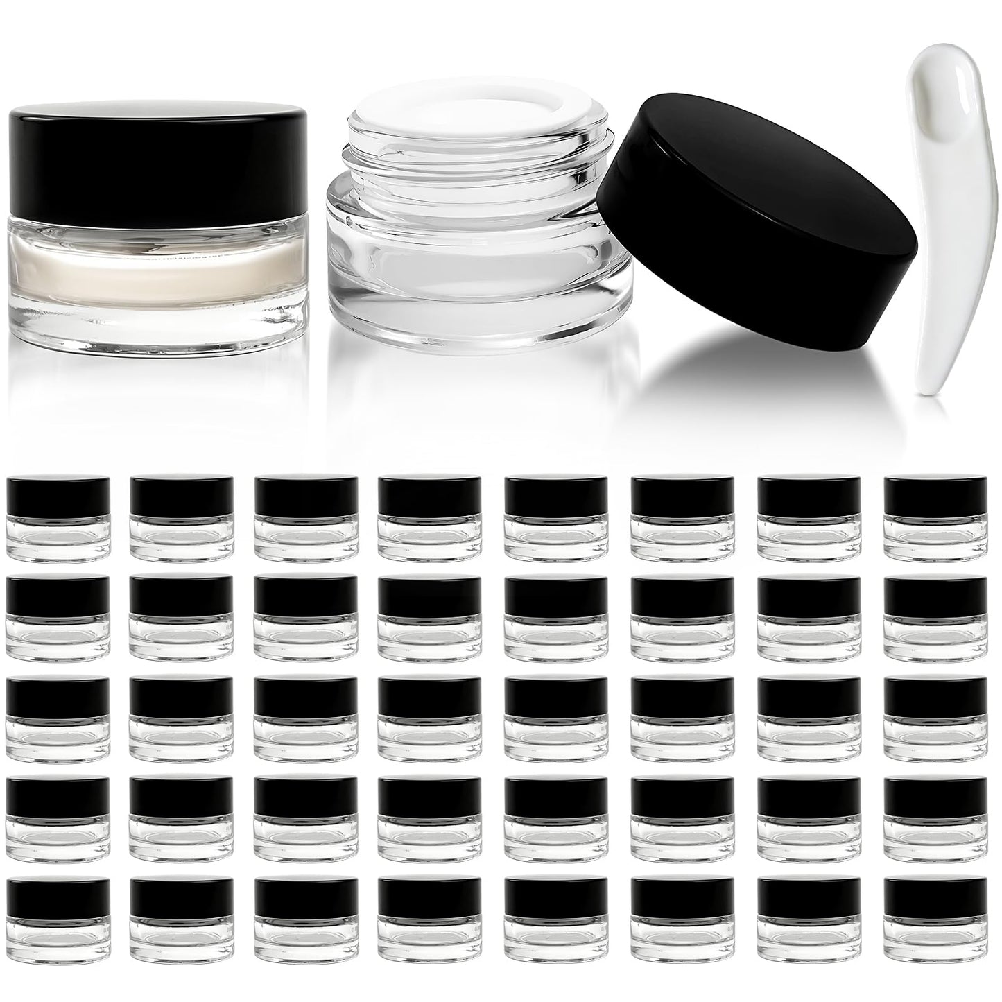 Seuqhck 90 Pack 5ml Small Clear Jars with Black Lids and Spoons, Empty Glass Cosmetic Containers Bulk with Liner Airtight Cream Bottle for Beauty Product Samples, Travel, Lotions, Essences