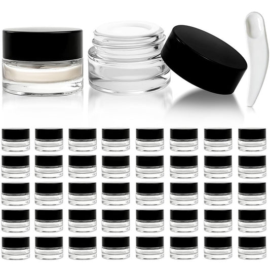 Seuqhck 90 Pack 5ml Small Clear Jars with Black Lids and Spoons, Empty Glass Cosmetic Containers Bulk with Liner Airtight Cream Bottle for Beauty Product Samples, Travel, Lotions, Essences