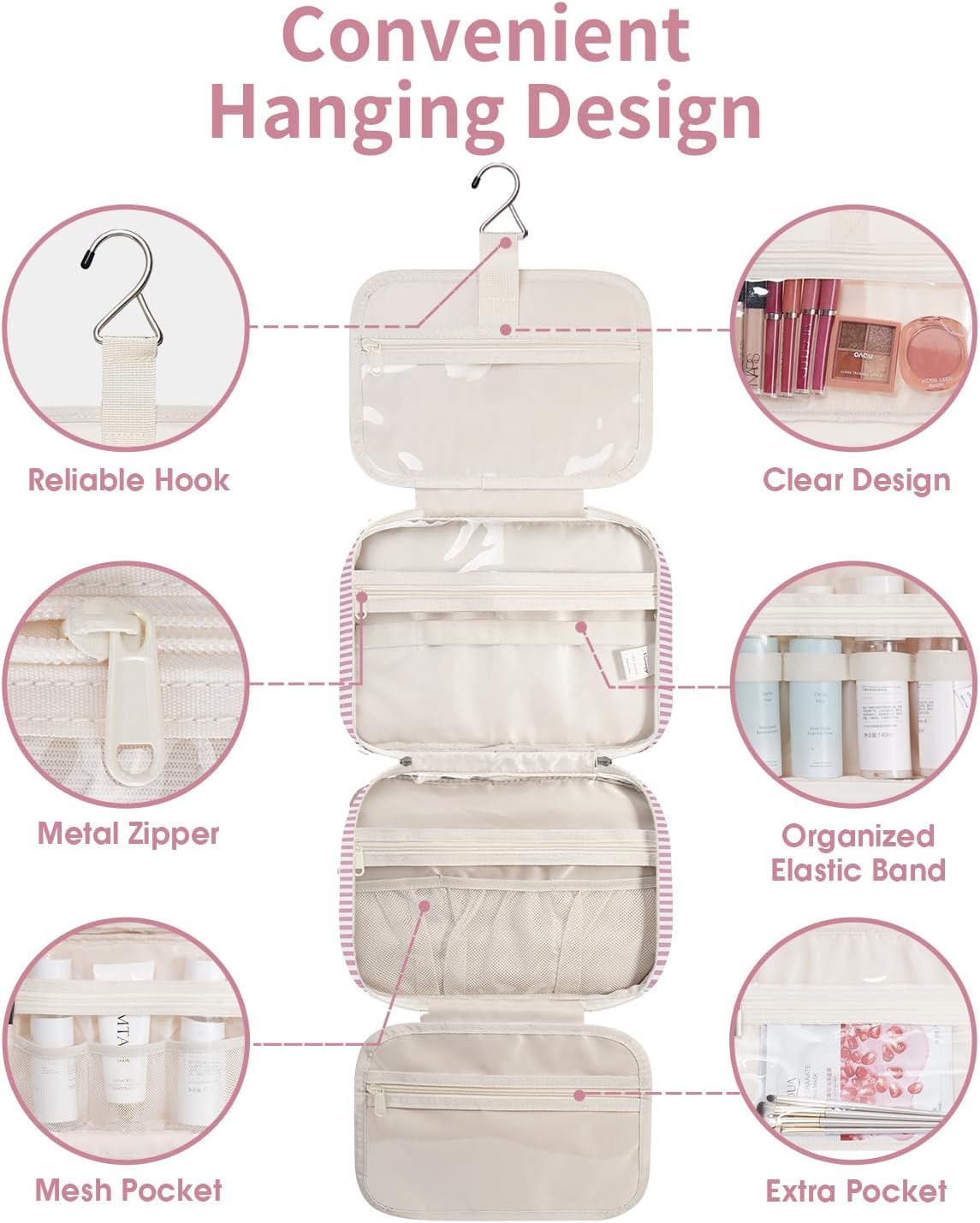 Striped Hanging Toiletry Bag for Women - Travel Makeup Organizer | Medium Dusty Pink Stripe