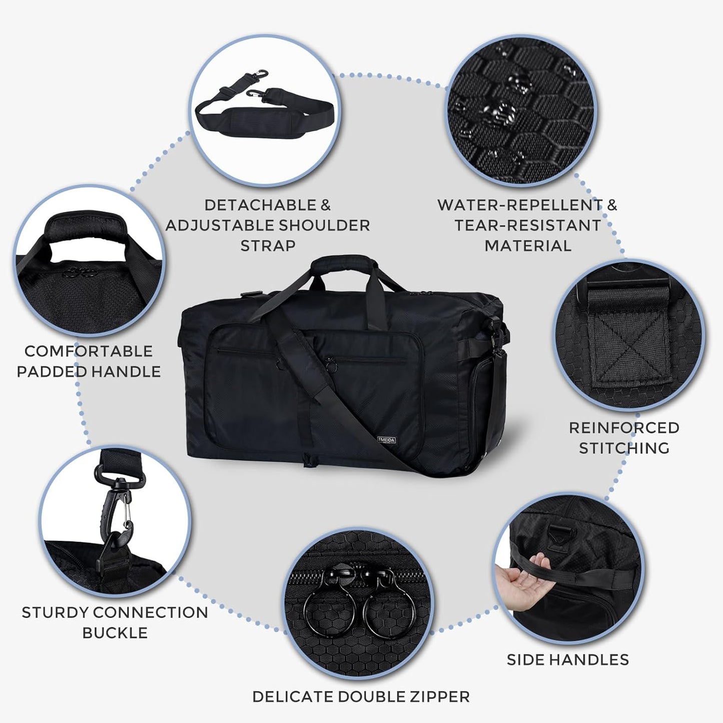 Duffle Bag 65L with Shoes Compartment - Foldable Travel Bag for Men & Women | Water-Repellent & Tear-Resistant (Black)