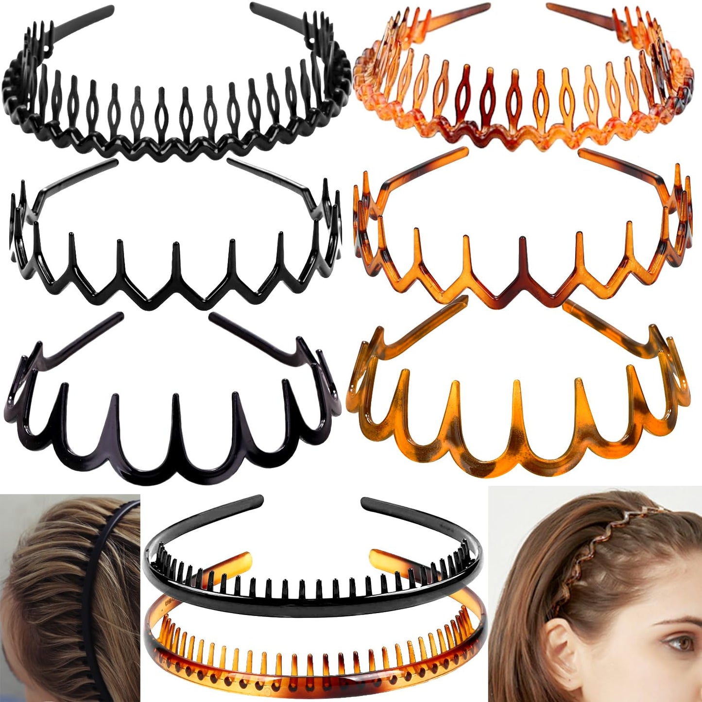 Effortless Black Plastic Headbands - 8 PCS No-Slip Hair Accessories for Women, Men & Teens