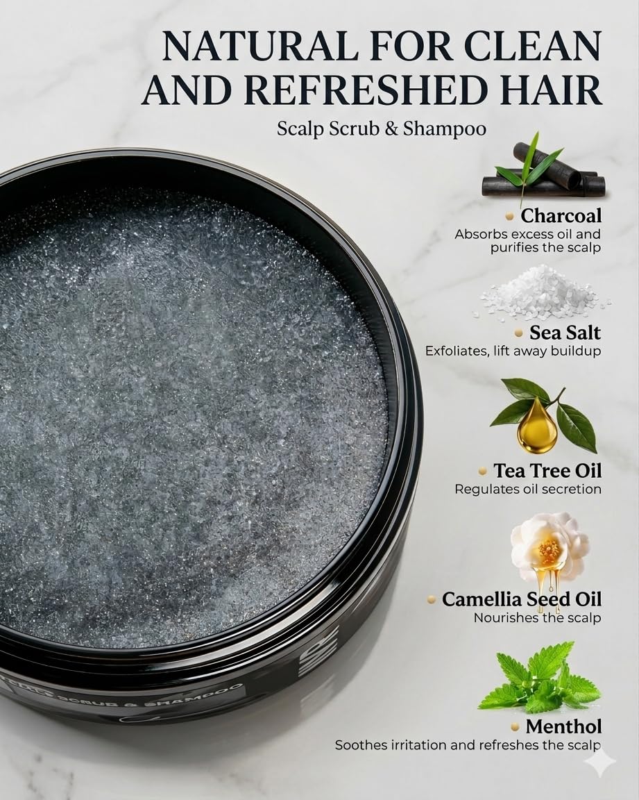 JVR Scalp Scrub Shampoo Charcoal 2-In-1 Scalp Exfoliator to Clarify Build Up, Dexofiy & Purify Cleanser for Shine & Hydration - Sea Salt, Tea Tree Oil, Vegan & Cruelty Free for Dry or Oily Scalp 8.8oz