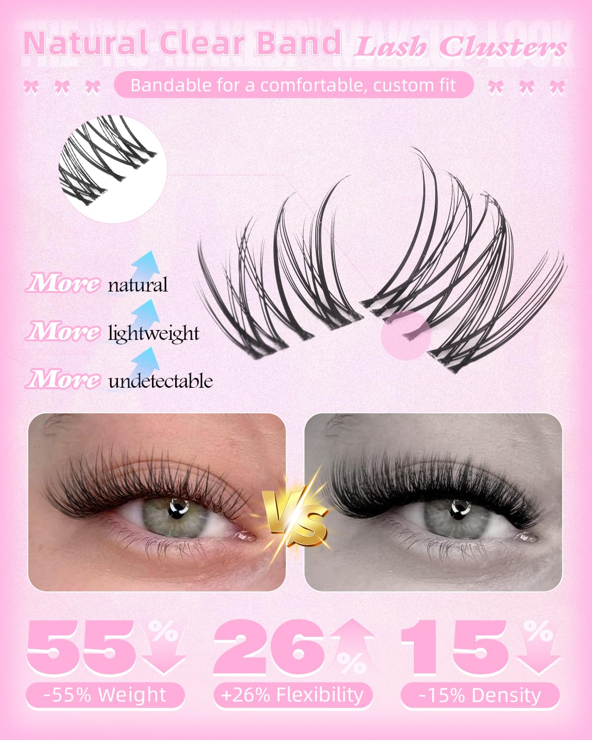 Natural Lash Clusters - 8mm Wispy Eyelash Extensions with Soft Clear Band | Glasses Friendly