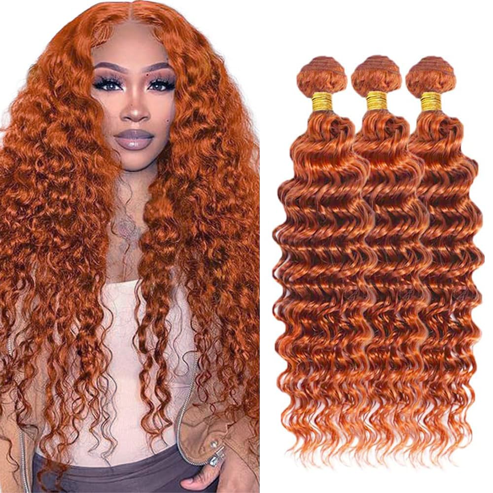 Color 350 Bundles Human Hair Ginger Deep Curly Bundles 24 24 24 inch Double Weft Brazilian Virgin Orange Deep Curly Wet and Wavy Human Hair Extensions