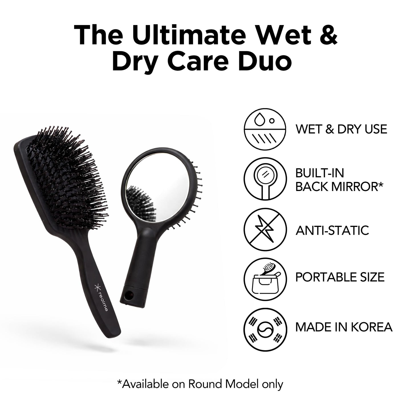 REALME Anti-Static Round Hair Brush with Pocket Mirror, Compact Travel Detangling Brush for Frizz Control, Flexible Bristles for Fine to Thick Hair, Made in Korea
