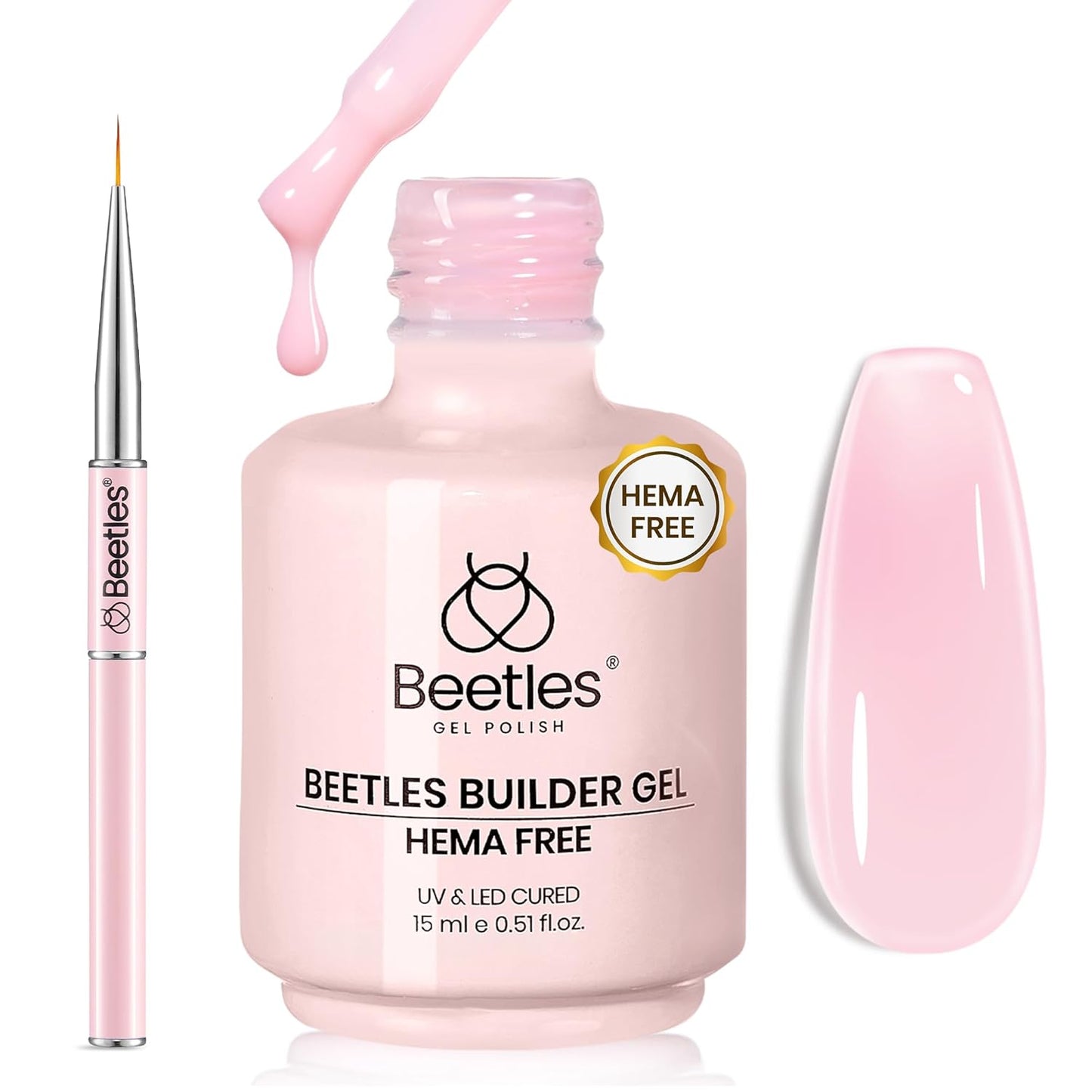 Beetles Builder Gel - 0.5oz Jelly Pink Nail Building Gel | HEMA & TPO Free, 7-in-1 Strengthening Formula for DIY Nail Art