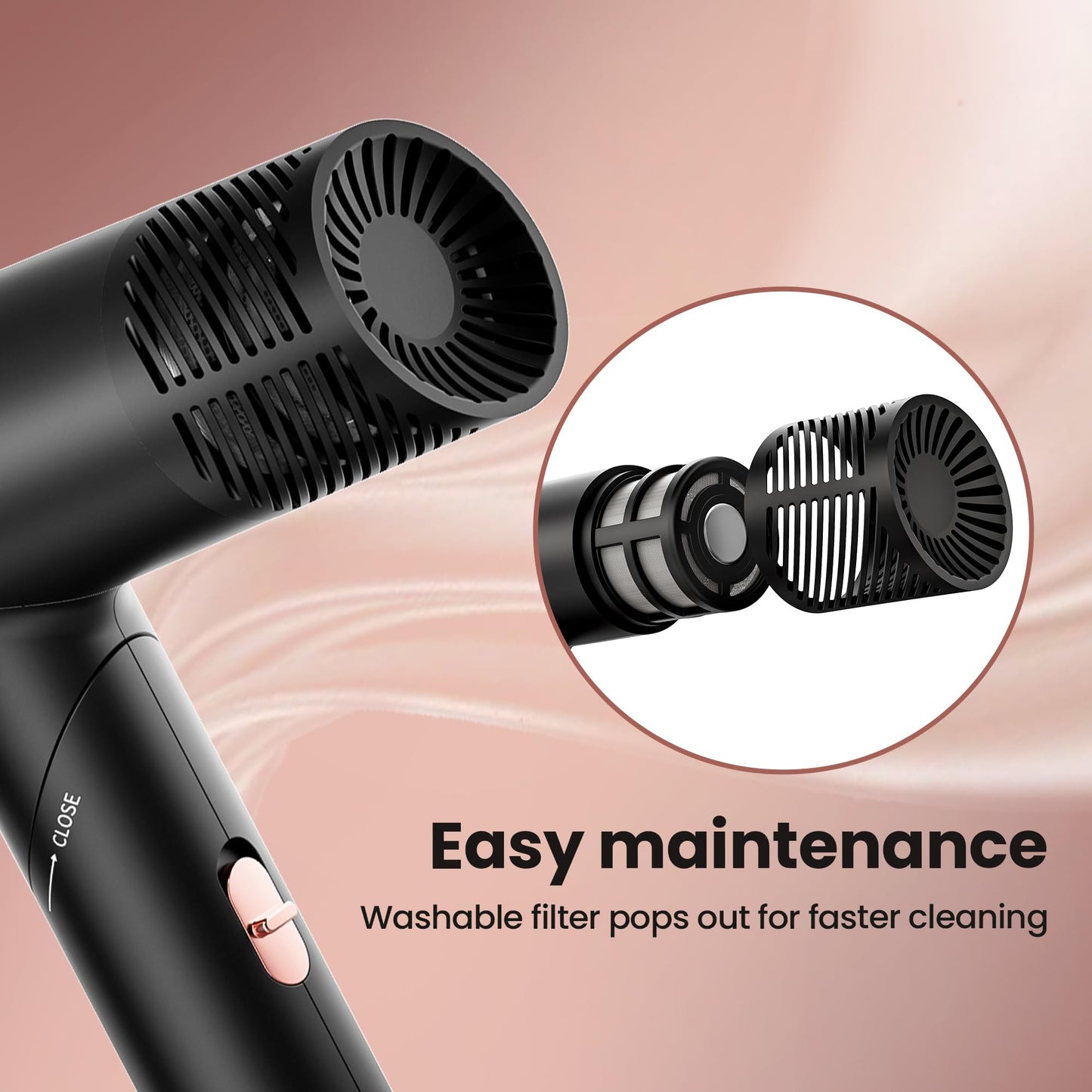 Hair Dryer with Diffuser, Surfit Blow Dryer, Foldable Travel Hairdryer, 110,000 RPM Professional Ionic Hair Dryer for All Hair Types, 1 Min Fast Drying, Precision Styling, No Heat Damage