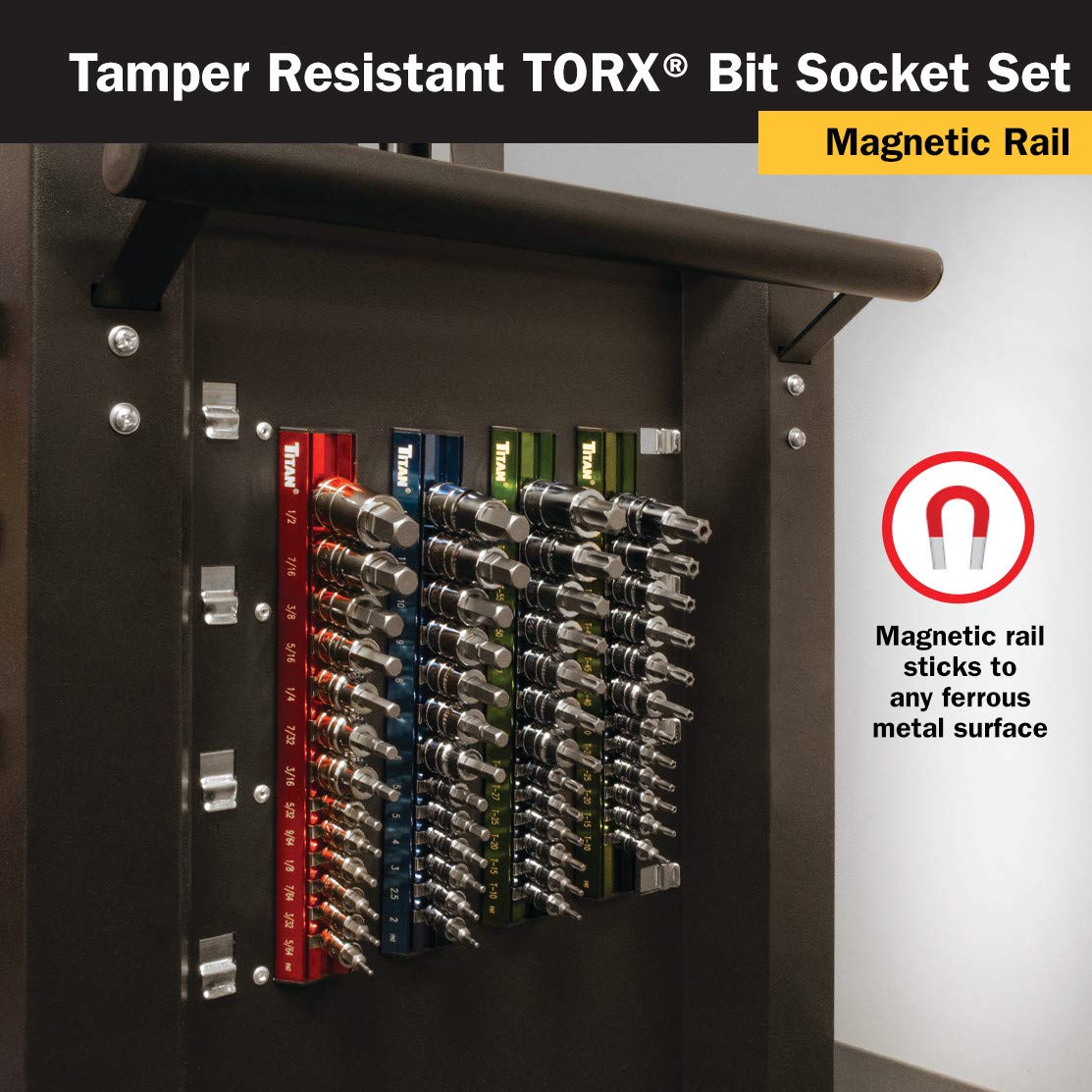 Titan 16121 12-Piece Tamper Resistant Torx Bit Socket Set, Magnetic Socket Organizer with Laser-Etched Size Markings