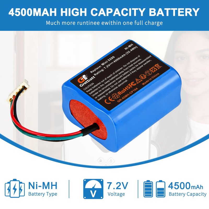 Gretbatt 7.2V 4500mAh NI-MH Replacement for iRobot Braava Battery 380, 380T, 390, 390T Mint 5200, 5200B, 5200C