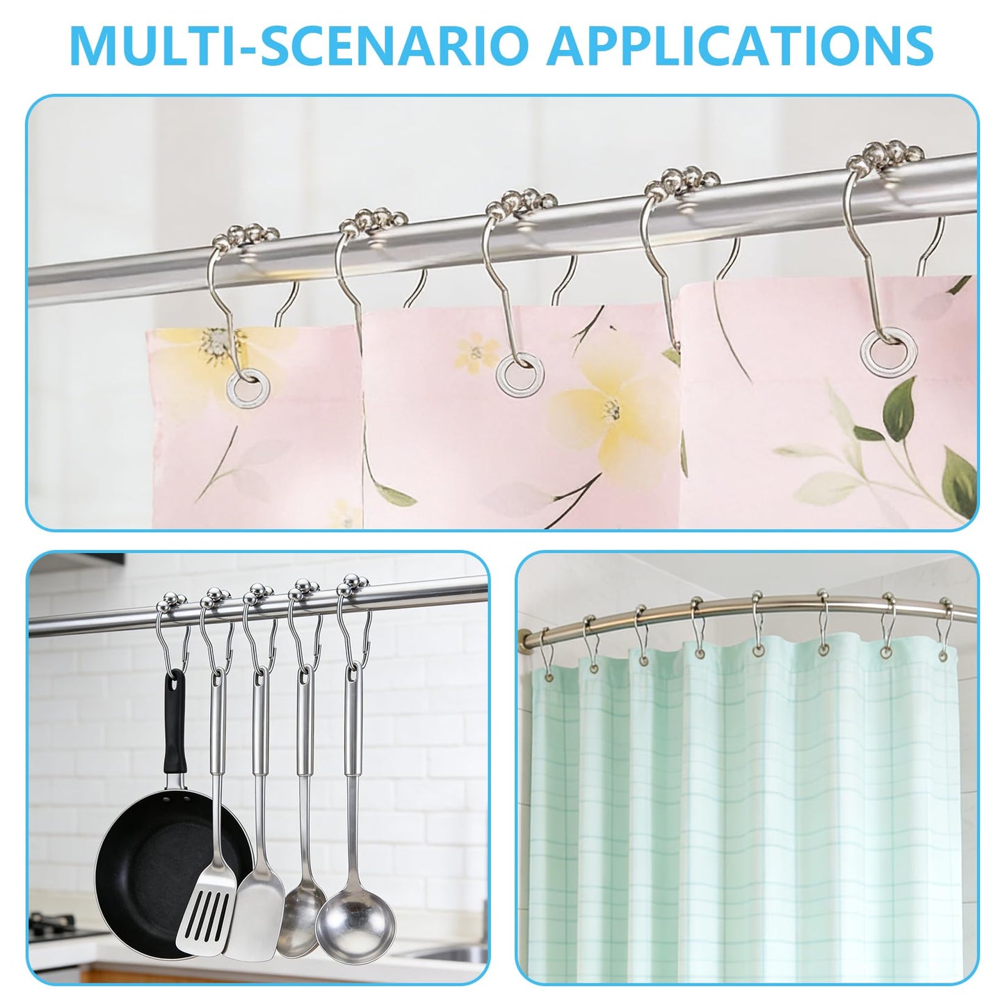 Shower Curtain Hooks Rust Proof Stainless Steel - Set of 13 Silver Shower Curtain Rings for Bathroom Rods, Heavy Duty Metal Gliding Hangers, Decorative Polished Finish for Curtains & Liners
