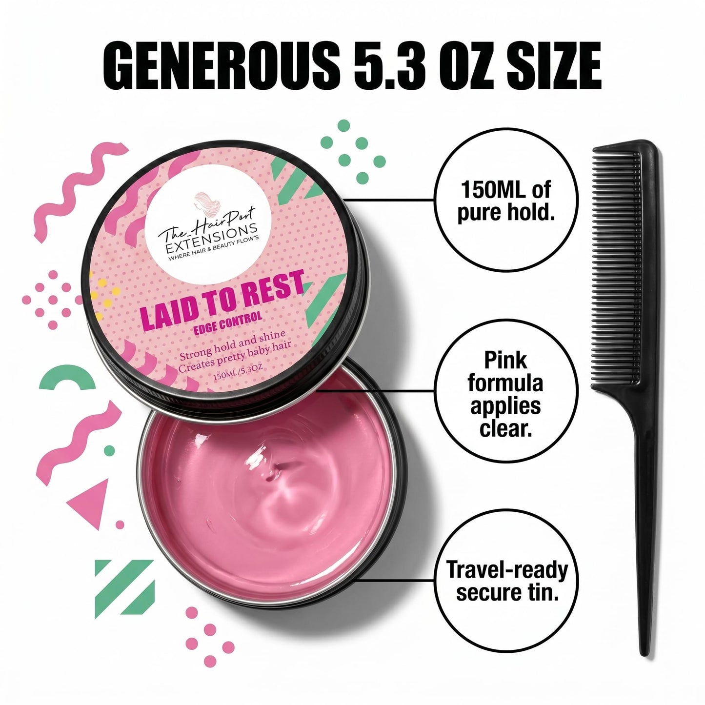 The Hairport Extensions Laid to Rest Edge Control Gel for 4C Kinky Coily Hair, Extra Hold Edge Gel, High Hold Braiding Formula, Smooth Baby Hair, No Residue, No Frizz, Long Lasting - 150ml