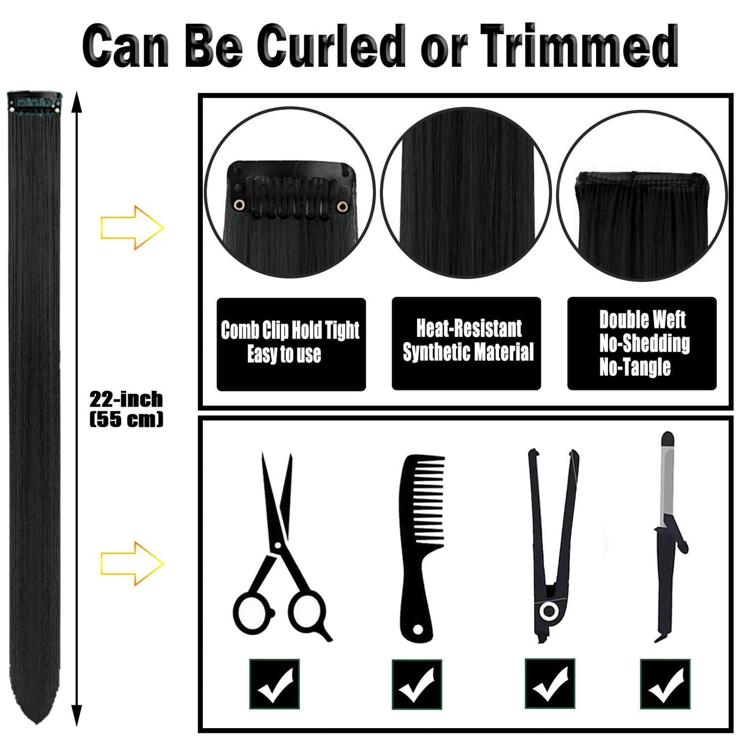 Clip-In Black Hair Extensions - 22 Inch Long Synthetic Hairpieces for Women | Party Highlights