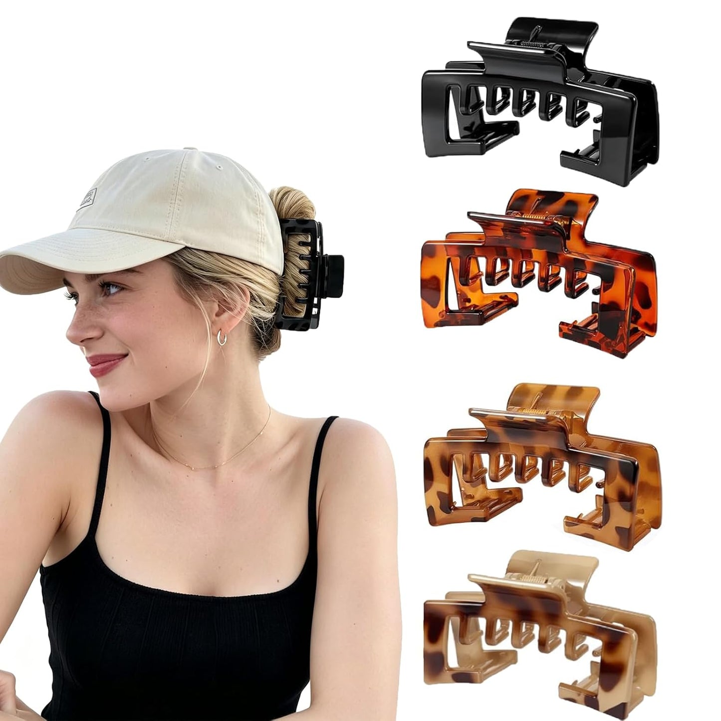 Large Trucker Hat Claw Clips for Women - 4 PCS Non-Slip Hair Clips for Baseball Caps | 4.1 Inch Durable Design