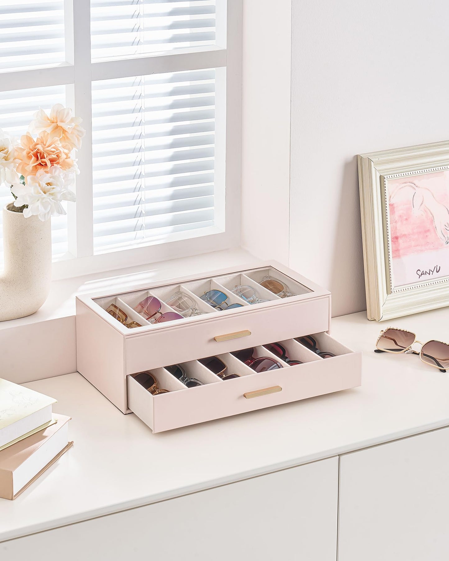 Lolalet 12 Slots 2-Layer Sunglasses Storage Box for Women, Eyewear Eye Glass Sunglass Organizer with Clear Top Lid Display Holder Case for Sunglasses Eyeglass Watch Jewelry -Pink