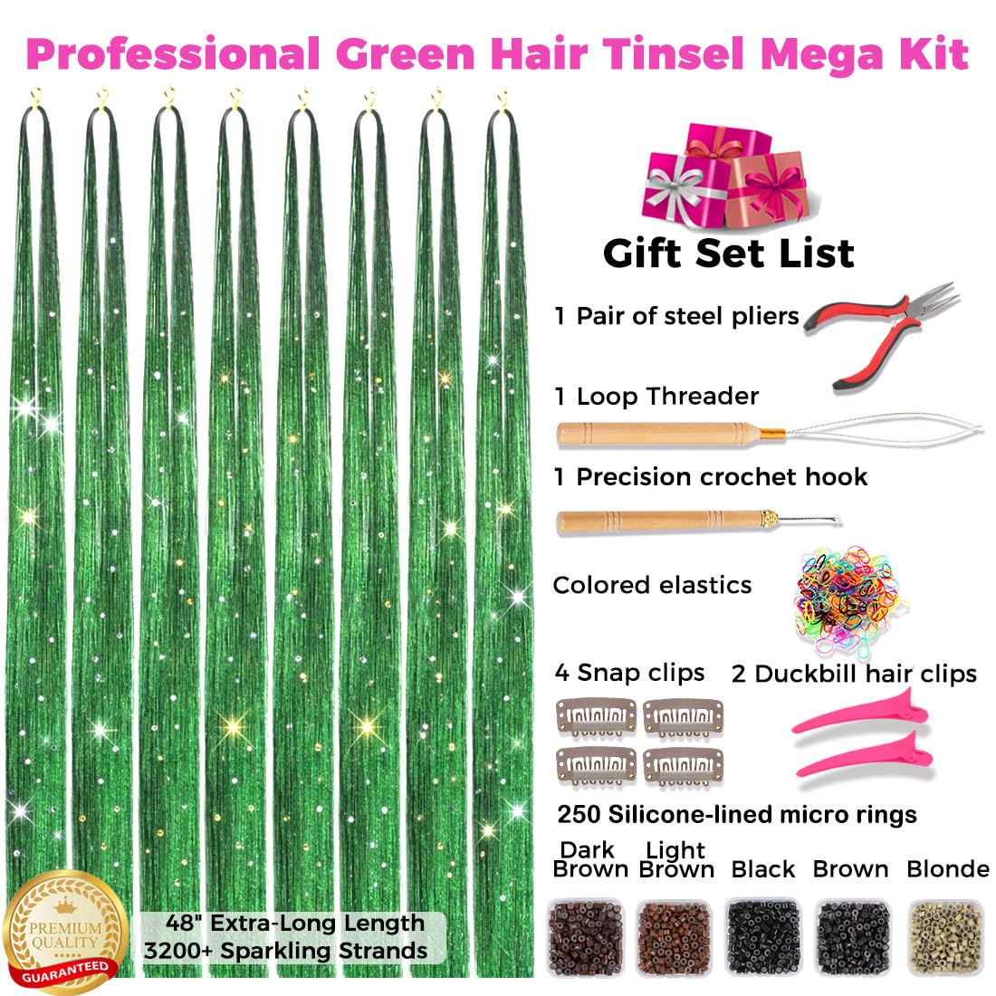 Hair Tinsel Kit - 3200+ Strands Green Holographic Fairy Hair | 48" Heat Resistant Glitter Extensions for DIY Fun