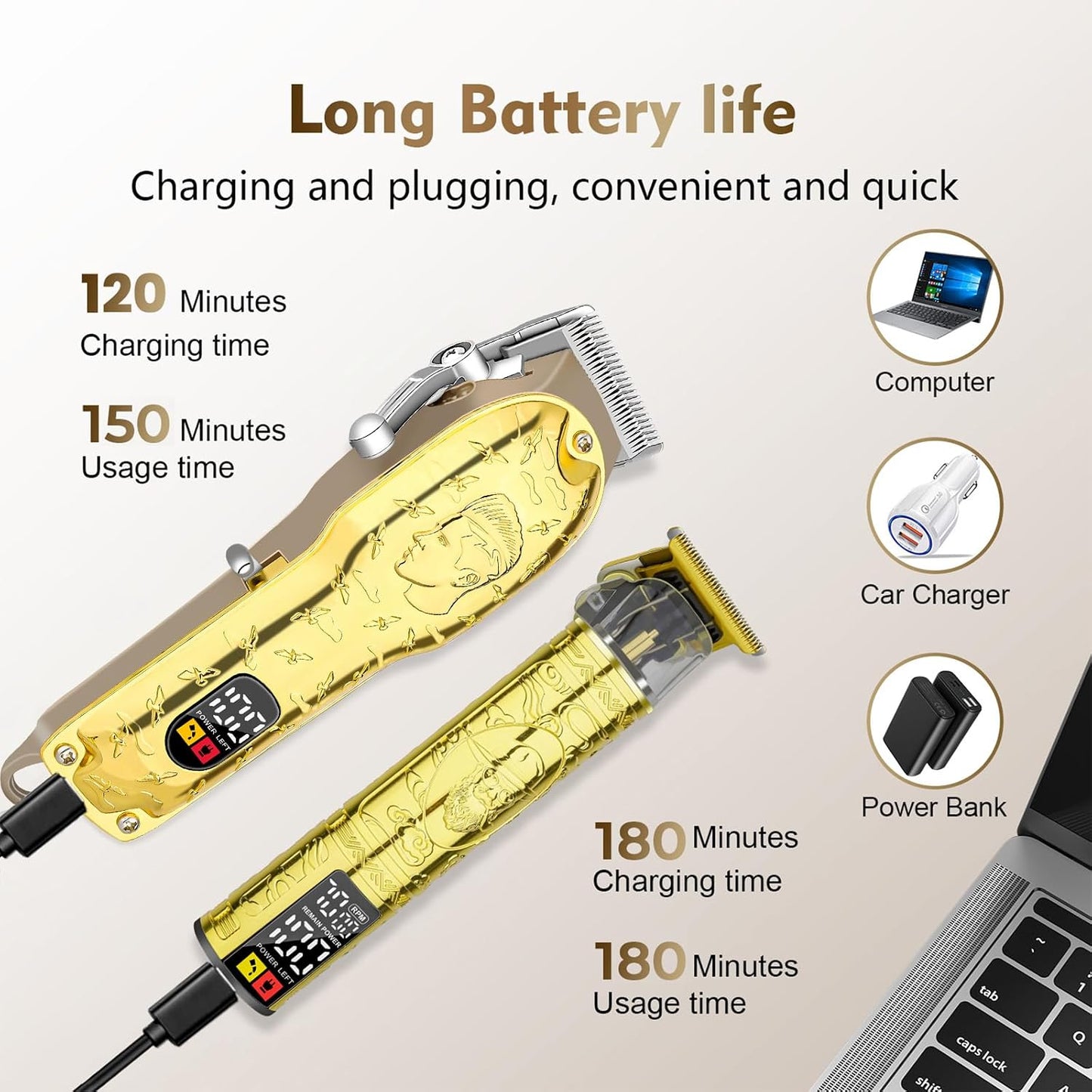 Men's Gold Hair Clippers - Cordless Professional Barber Trimmers with LED Display | Electric Grooming Kit for Haircuts & Beard Trimming