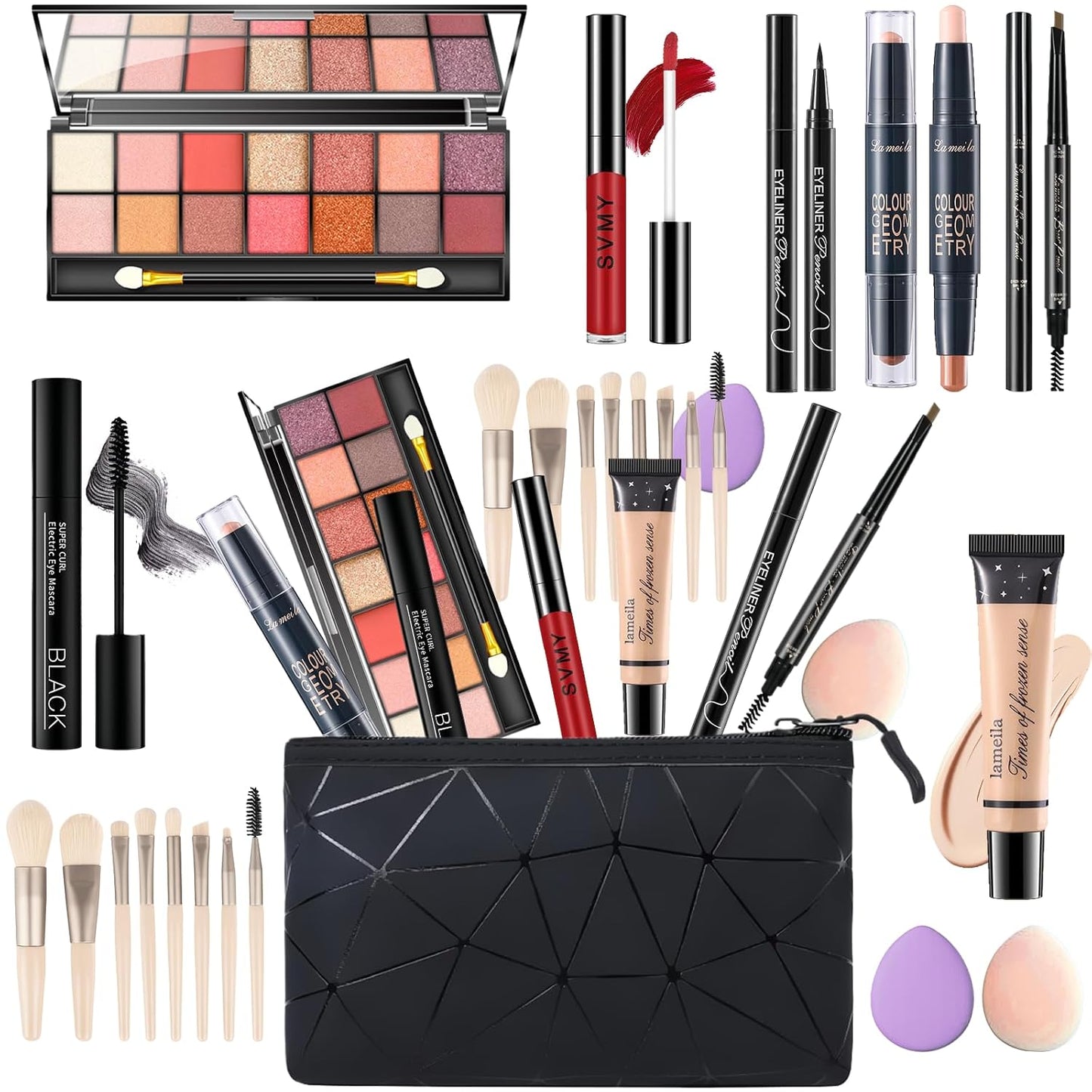 Makeup Set for Women - 14-Color Eyeshadow Palette, Lip Gloss & Contour Stick | Travel-Friendly Kit