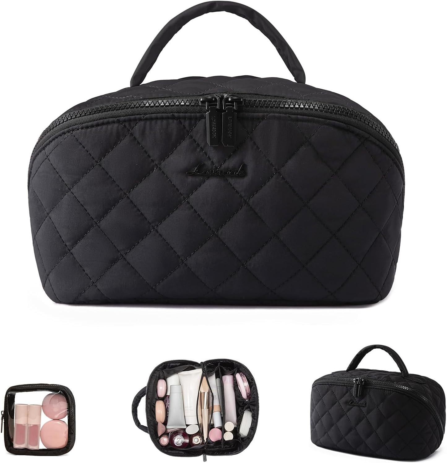 LOVEVOOK Travel Makeup Bag - Waterproof Cosmetic Organizer with Brush Compartment | Large Capacity Pouch in Pink, Medium