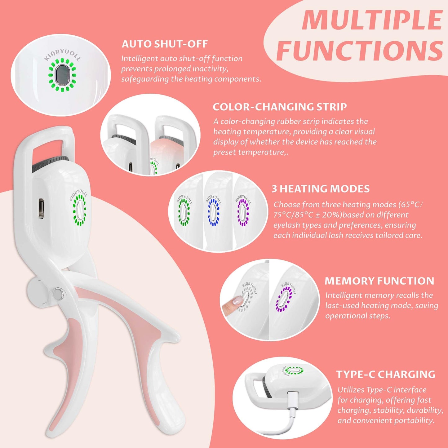 KIARYUOLL Electric Heated Eyelash Curler Kit Hot Lash Therapy Professional Eyelash Tools Battery Powered Lash Lifter Rechargeable Clamp for Various Eye Types Plastic Material (Colour White)