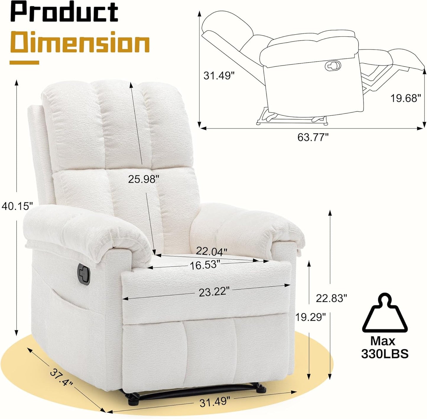 Recliner Chair - Upholstered Manual Recliner for Small Spaces | Modern Chenille Design in Beige with Side Pockets