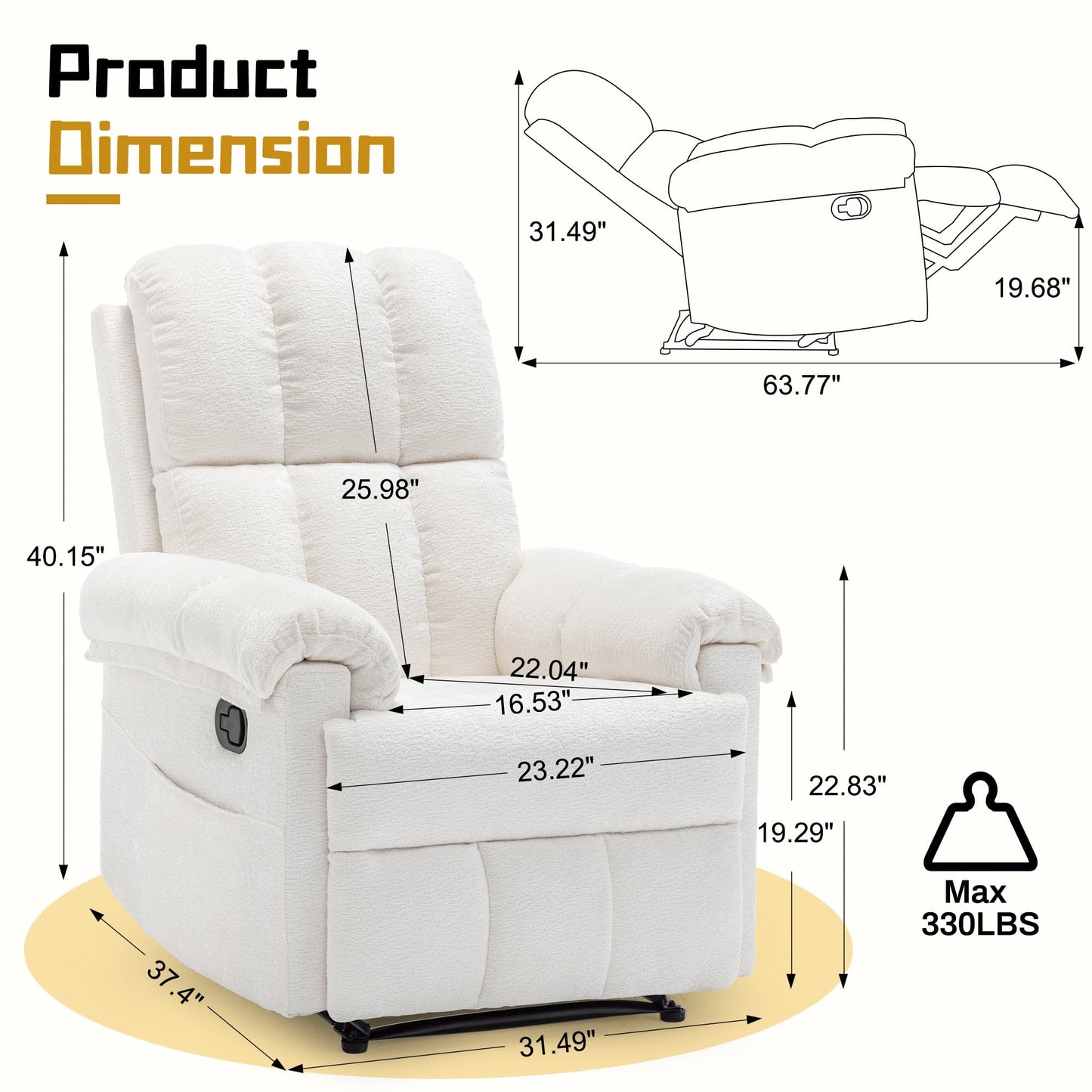 Korser Recliner Chair, Living Room Recliner Chairs for Adults, Small Recliners for Small Spaces, Upholstered Manual Recliner with Side Pockets, Modern Nursery Chair for Living Room, Chenille, Beige