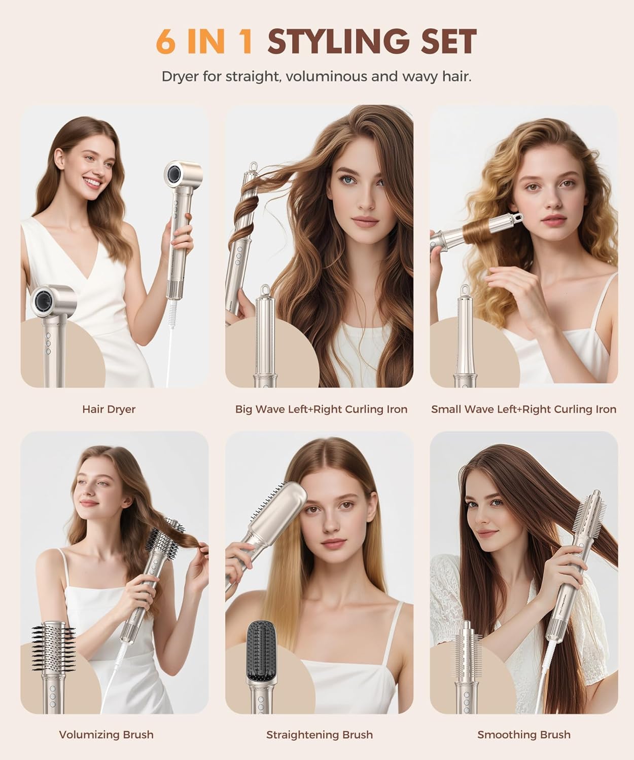 6 in-1 Hair Dryer Brush - High-Speed Negative Ionic Technology for Fast Drying | Curling, Volumizing, Straightening - Gold