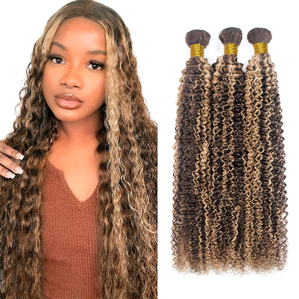 26 28 30 Inch Blonde Human Hair Bundles Color #4 Kinky Curly Bundles Human Hair 3 Bundles Two Tone Brown Mixed With Blonde Bundles Peruvian Virgin Hair Weave P4/613 Bundles Hair Extensions