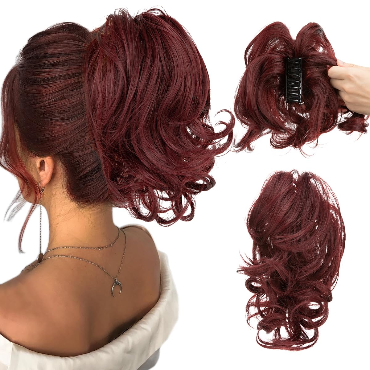 CJL Hair Claw Clip Short Ponytail Extensions - Bendable Metal Messy Bun Piece | Wavy Curly Synthetic Hair, Ash Grey