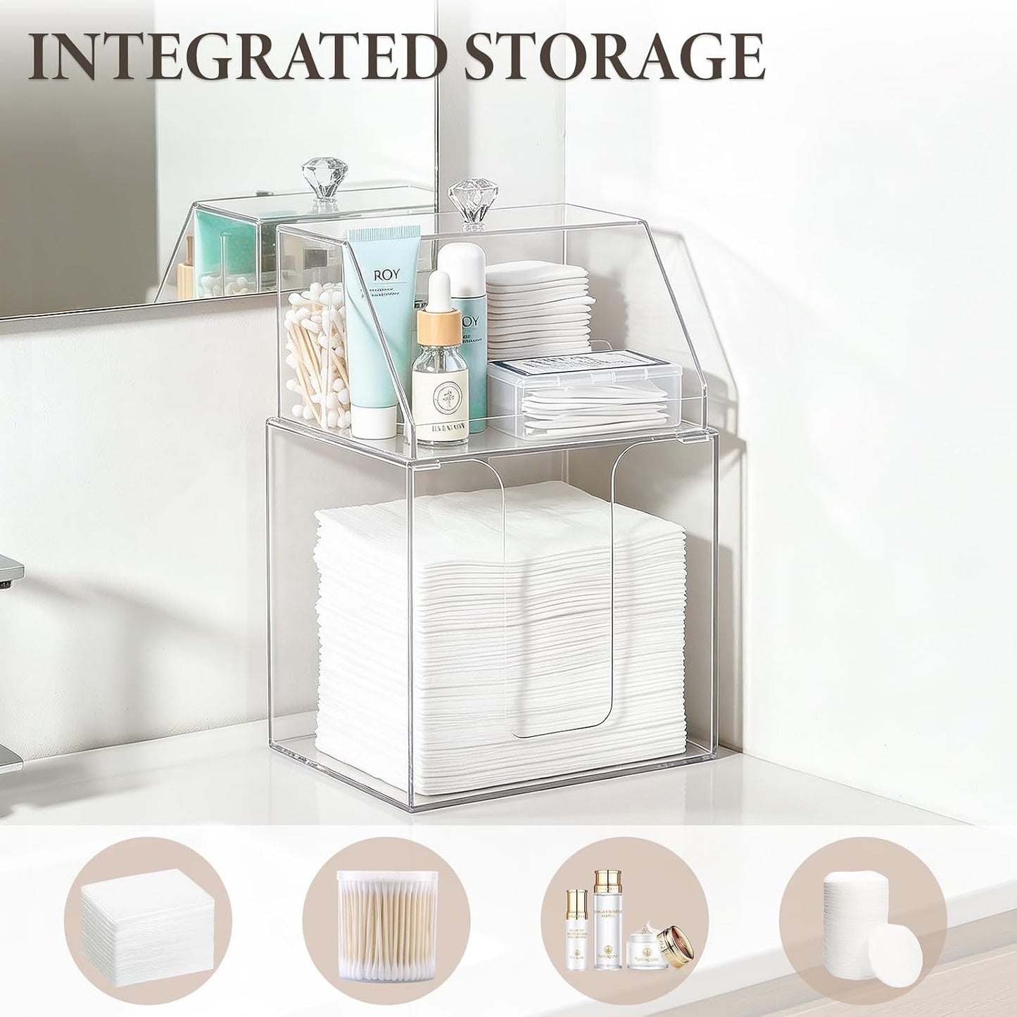 Disposable Facial Towels Storage - Double Layer Acrylic Box for Cotton Pads | Clear Bathroom Organizer
