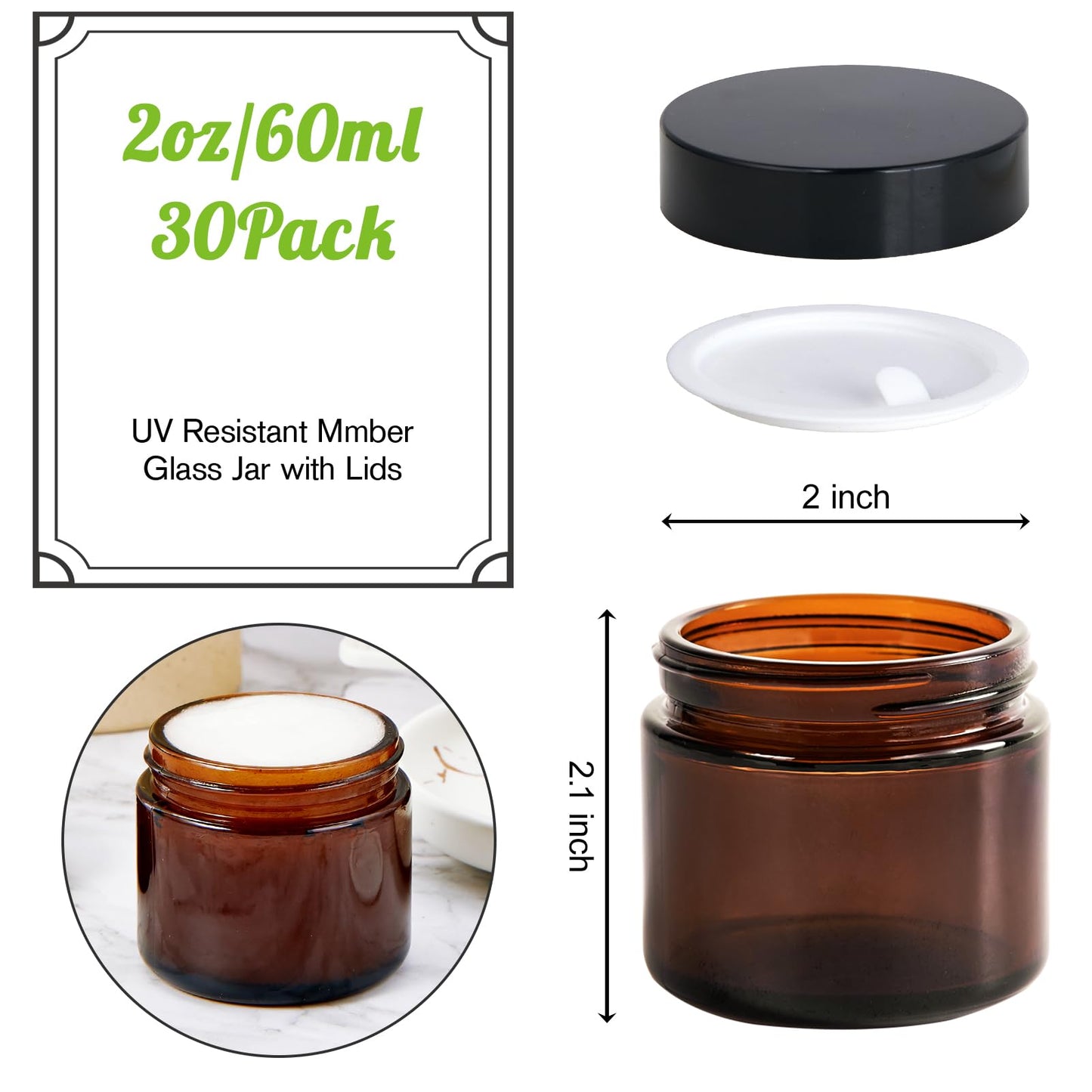 2oz Jars with Lids, HOA Kinh 30 Pack Amber Glass Jars with Black Lids Empty Cosmetic Containers Round Airtight Glass Jar with Inner Liners for Storing Lotions, Powders, and Ointments