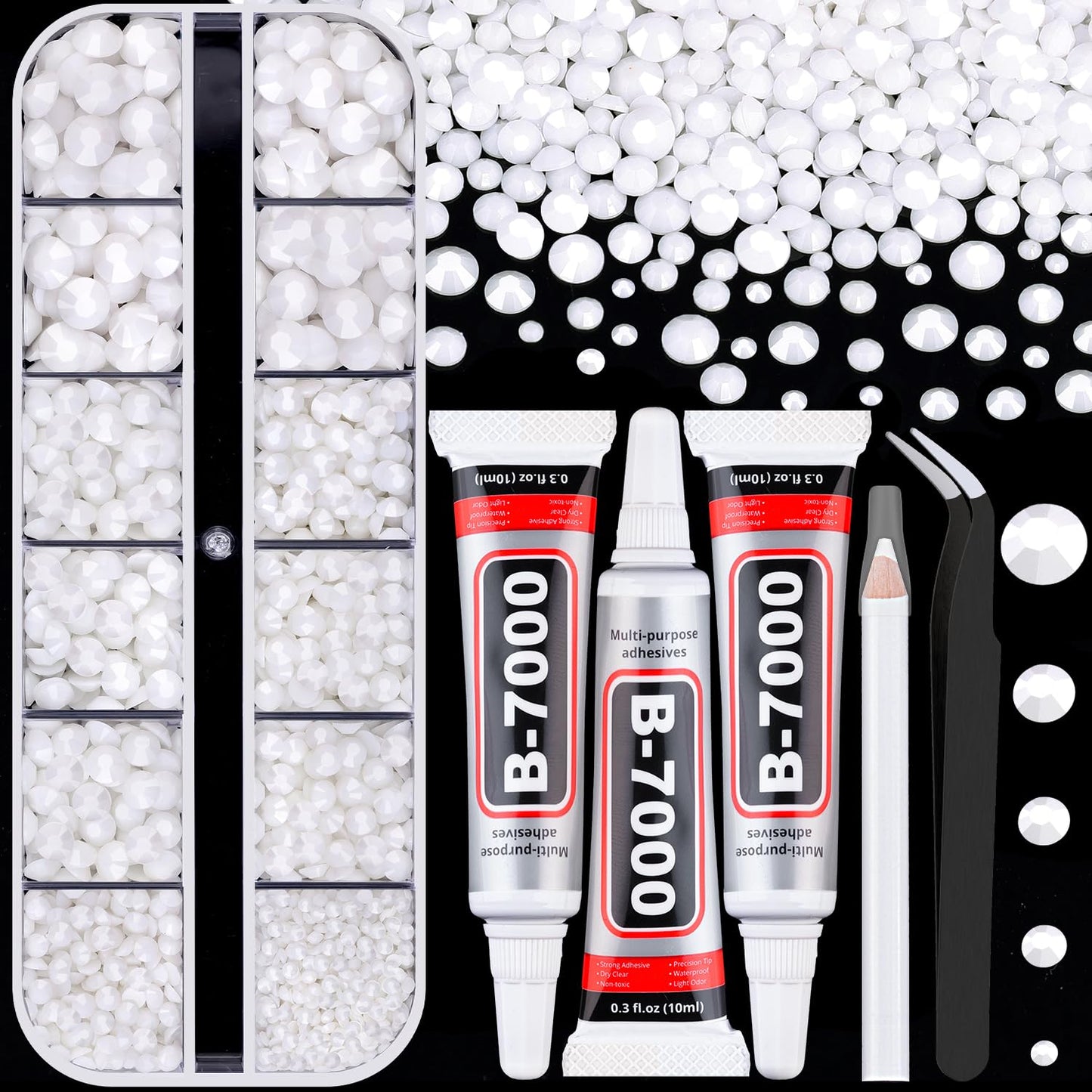 Resin Rhinestones - 32000 Pcs Flatback Gems for Bedazzling | Silver Clear Crystal Kit with 3 Pcs B7000 Glue for Nail Art & Crafts