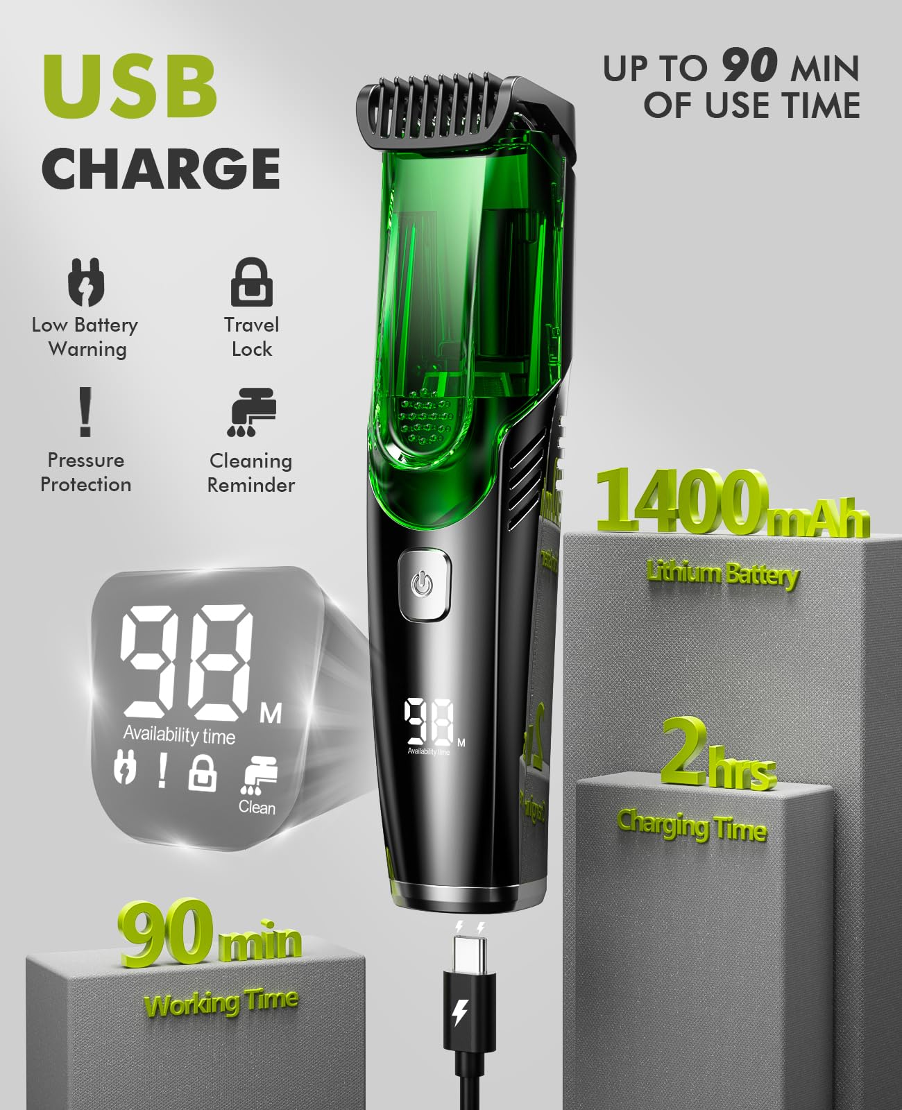 PUENBKO Beard Trimmer for Men: Vacuum Hair Trimmer for Less Mess - IPX7 Waterproof Wet Dry Shaving- Rechargeable Electric Beard Cutting Kit with Adjustable Length Comb - Gift for Men