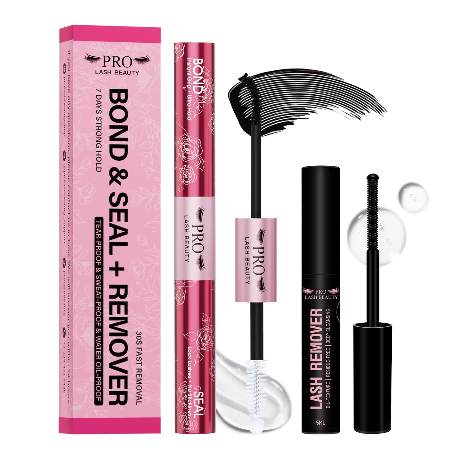 PROLASHBEAUTY Lash Cluster Glue Lash Glue Remover Kit for Clusters Lash, Long Lasting Waterproof Eyelash Glue, Qucik Removal Eyelash Remover (Black Bond & Seal+Remover)
