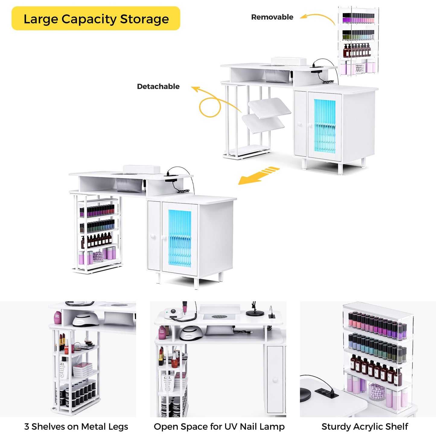 Kikihouse Manicure Table with LED Light, Nail Desk Nail Tech Table w/Dust Collector & Charging Station, Nail Station w/Removable Acrylic Storage Shelf, Drawers & Glass Door Cabinet, White