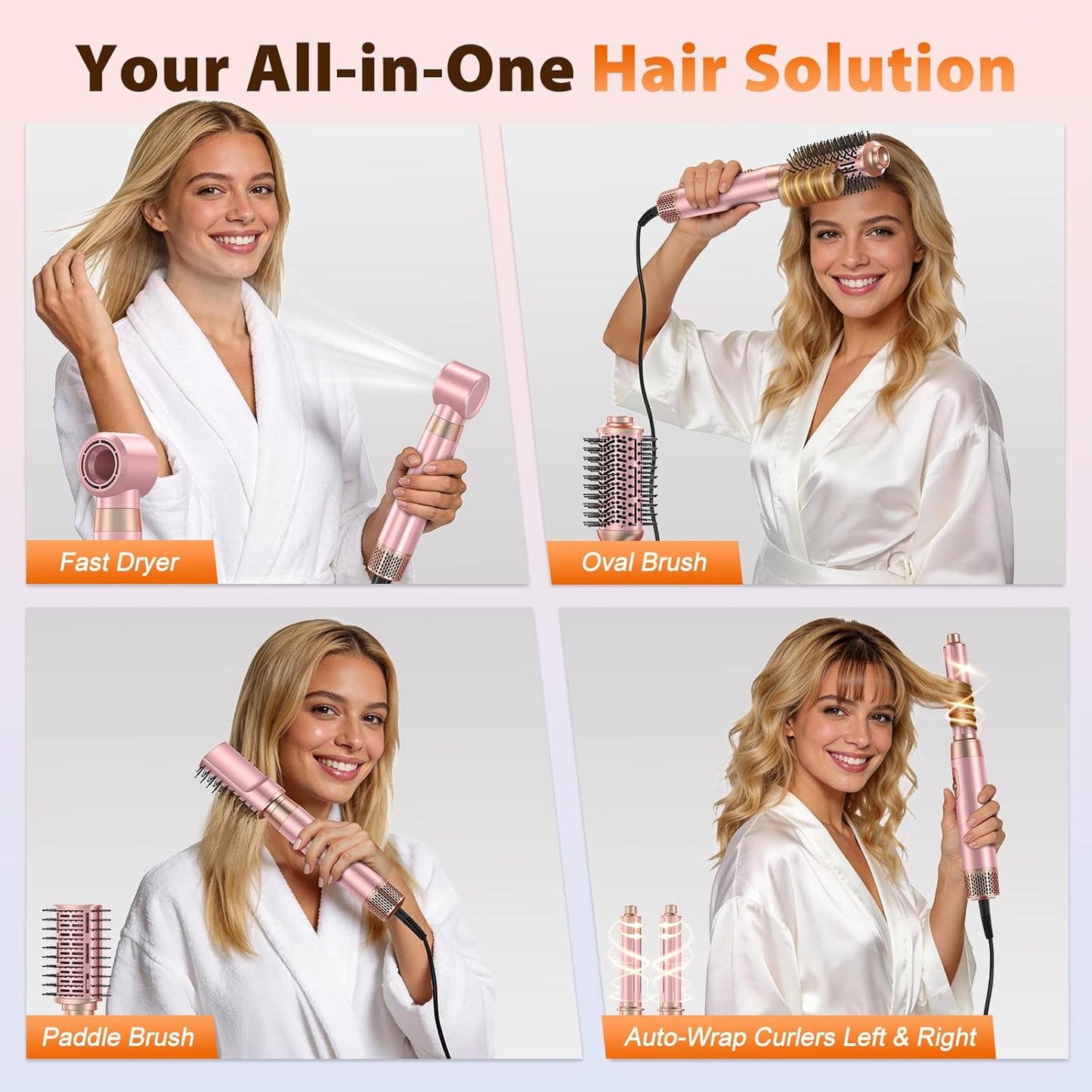 5-In-1 Blow Dryer Brush Set - High-Speed Hot Air Styling Tool | Pink, Detachable Curling & Straightening Brush