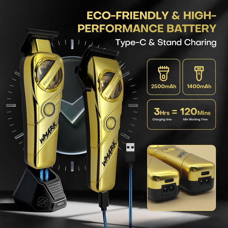 WMARK Hair Clippers for Men Professional Barber Clippers and Trimmers Set Cordless Hair Clippers for Hair Cutting, High Speed, Rechargeable, Powder Metallurgy DLC Ceramic Fade NG-8613 KIT (Gold)