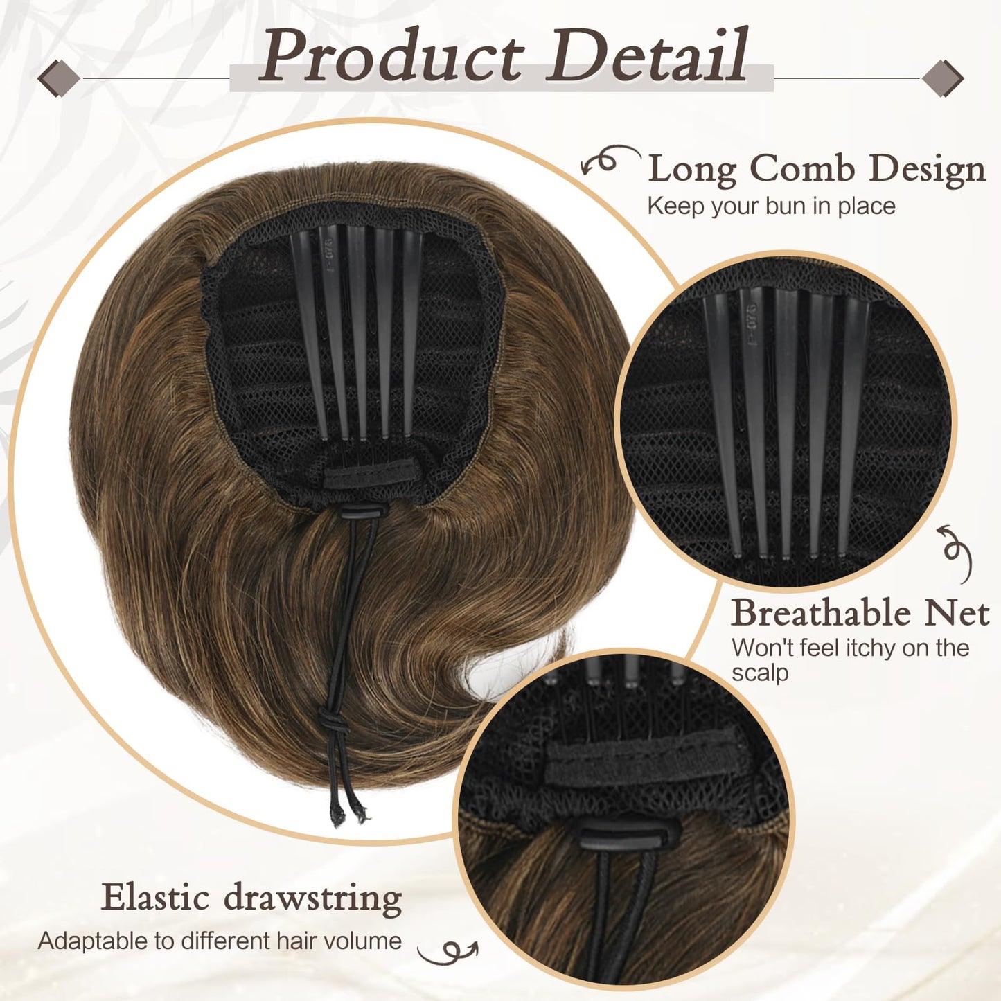 RUWISS Real Human Hair Bun Short Drawstring Ponytail Hair Pieces for Women, Natural Straight Updo Bun Comb Clip in Ponytail Extension for Women, Dark Brown