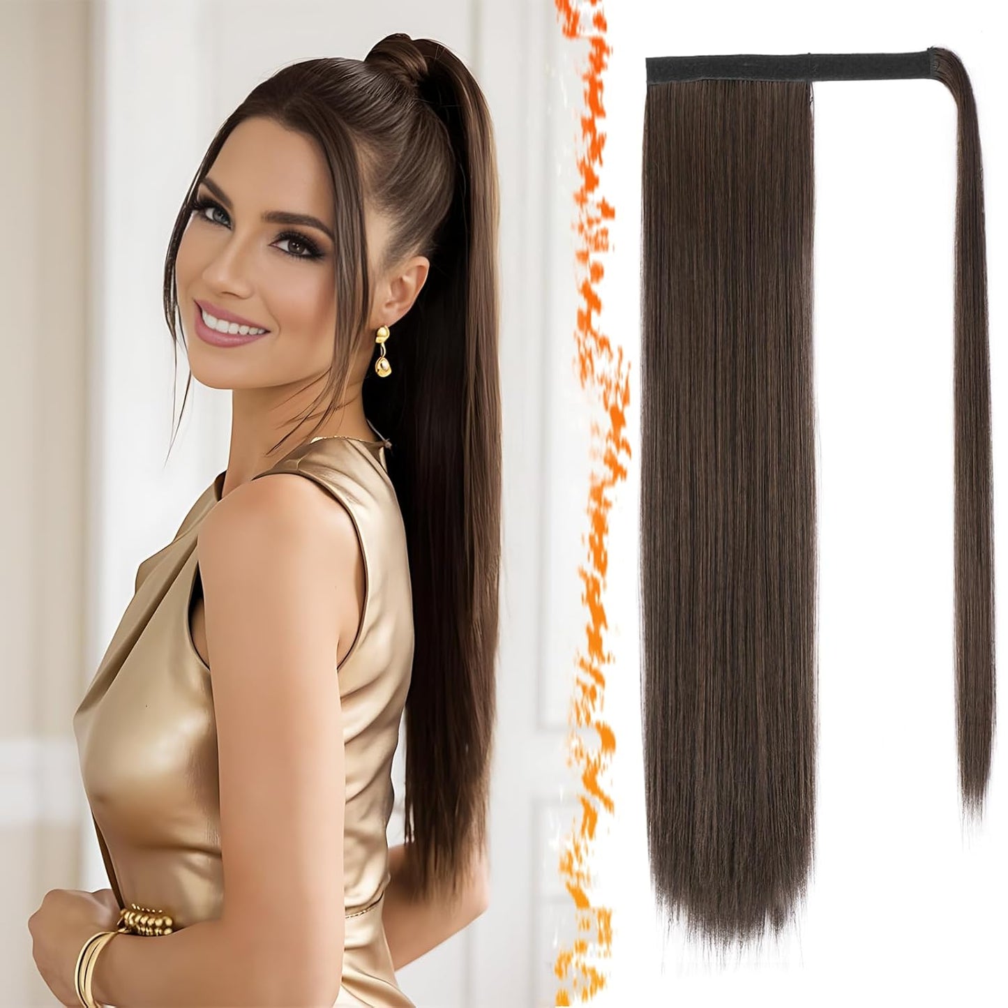 Dark Brown Straight Ponytail Extension - 28 Inch Clip-In Hairpiece for Women | Synthetic Wrap Around Style
