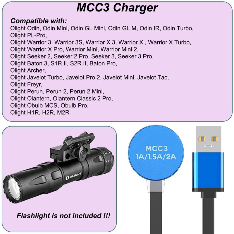 Kissmart MCC 3 Charger for Olight Odin/Odin Mini/PL-Pro/Baton3/Warrior Mini2/Perun 2/Seeker 3 Pro/Warrior 3s/Baldr Pro R | Replacement USB Charging Cable for Flashlights (1m/3.3ft)