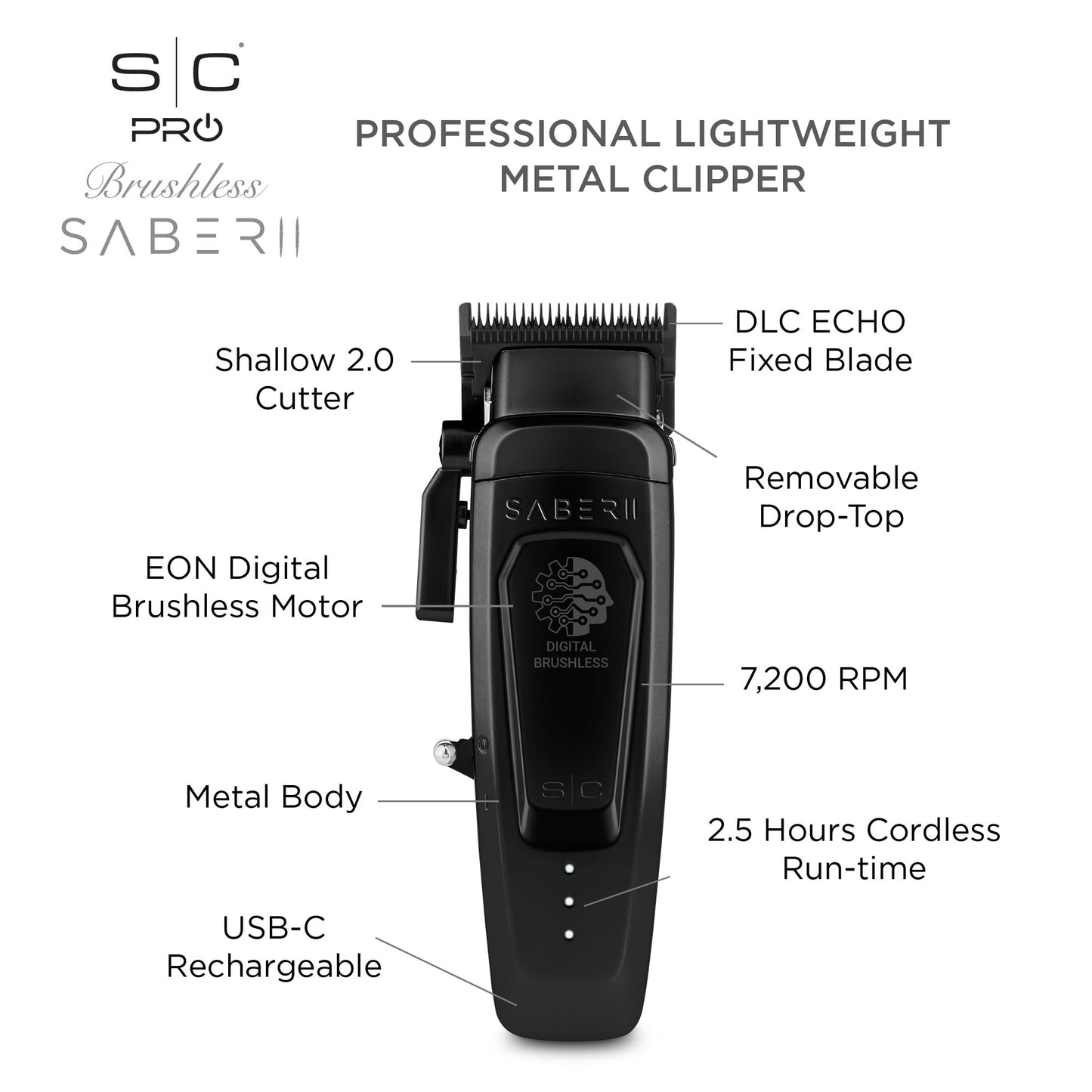 Stylecraft Saber II Professional Full Metal Body High-Torque Digital Brushless Motor Cordless Hair Clipper (Black)