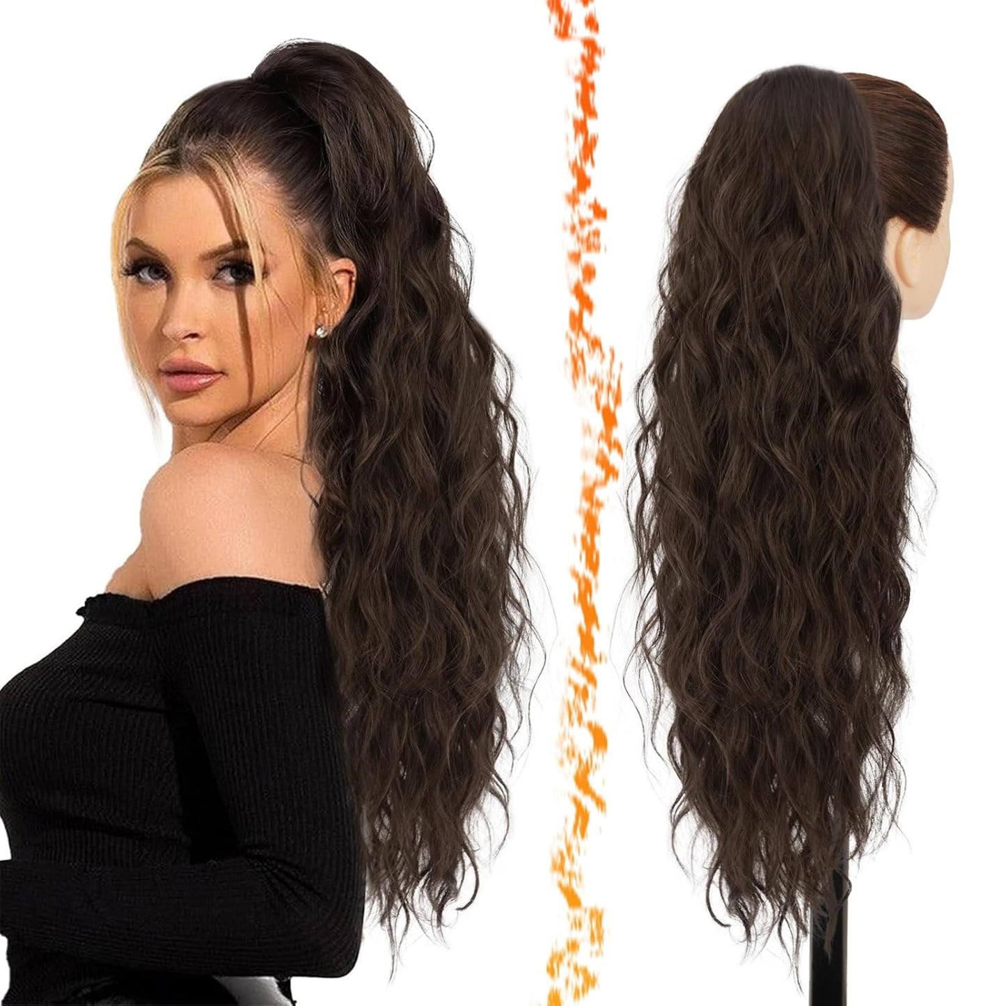 Short Wavy Drawstring Ponytail - 16 Inch Synthetic Clip-In Hair Extensions | Ash Brown Mix