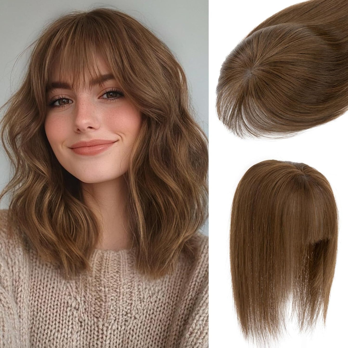 Human Hair Topper with Bangs - 360° 3D Cover Hairpiece for Women | Grey 12 Inch