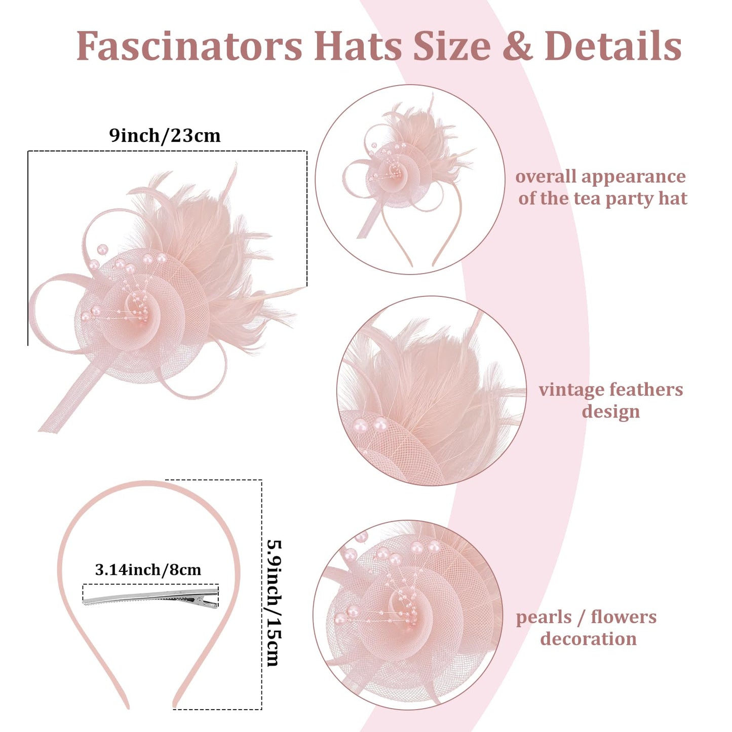 Semato Pink Fascinators Hats for Women Feathers Elegant Pink Tea Party Kentucky Hat Derby Headband with Hair Clip