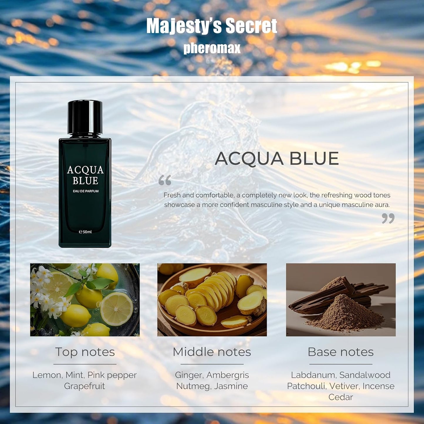 Acqua Blue Eau de Parfum for Men - Fresh Woody Cologne with Lemon, Mint & Pink Pepper | 50ml Long-Lasting Fragrance
